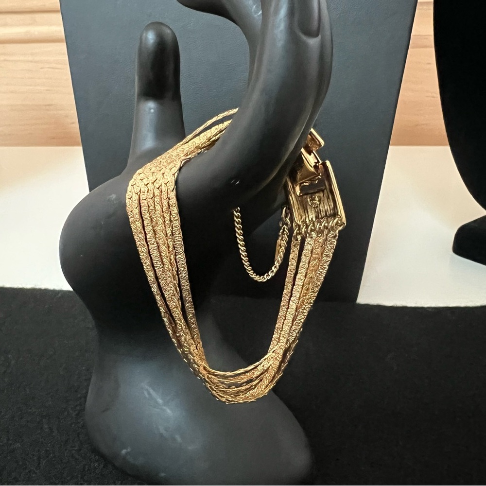 VINTAGE MONET 70s Multi 7 Strand Gold Toned Bracelet 6.5" with Safety Chain